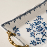 Blue and White Porcelain Serving Tray with Antique Alloy Handles — Crackle Glaze Decorative Tray, Chinoiserie Peony Pattern, Vanity Organizer & Jewelry Tray