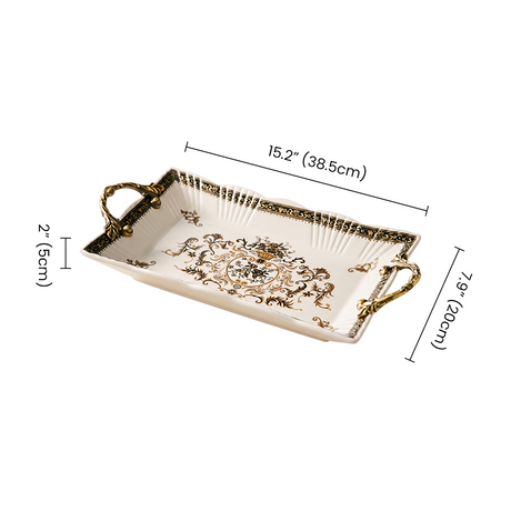 Baroque Ceramic Tray with Antique Gold Handles, Crackle Glaze Decorative Serving Tray with Ornate Floral Medallion Pattern, Vanity Organizer & Console Table Decor