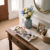 Blue and White Porcelain Serving Tray with Antique Alloy Handles — Crackle Glaze Decorative Tray, Chinoiserie Peony Pattern, Vanity Organizer & Jewelry Tray