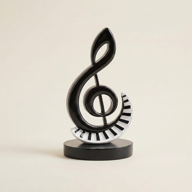 Treble Clef Music Sculpture, 7.4" High-Gloss Black Resin Figurine with Piano Keys, Art Deco Decor for Home, Office & Piano Room