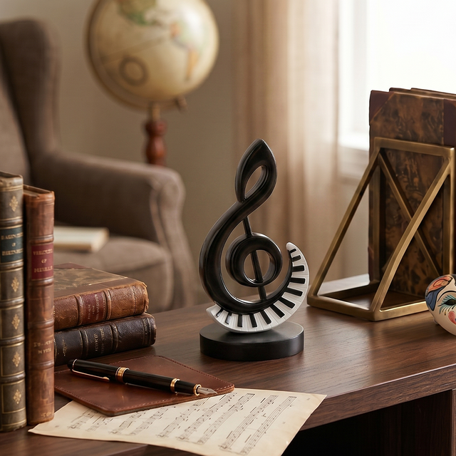 Treble Clef Music Sculpture, 7.4" High-Gloss Black Resin Figurine with Piano Keys, Art Deco Decor for Home, Office & Piano Room
