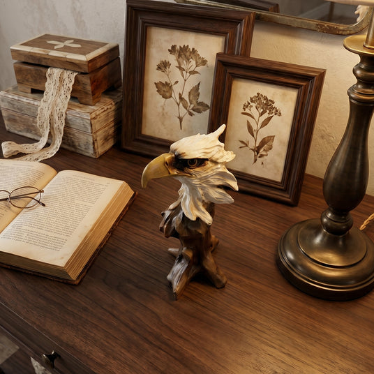Tree stump eagle statue on vintage study desk