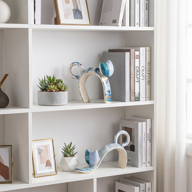 Hand-Painted Ceramic Cat Figurine, Abstract Blue & Ivory Drip-Glaze Sculpture, Modern Decorative Accent for Bookshelf, Console & Mantel