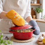 Using oven mitts cooking pot
