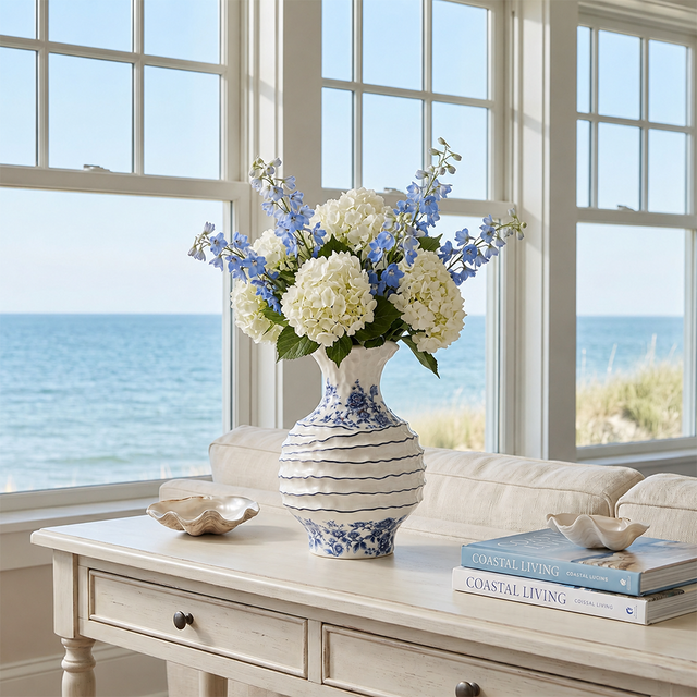 Blue and White Floral Ceramic Vase, Hand-Painted Textured Wabi-Sabi Decor for Dining Table, Console, Entryway