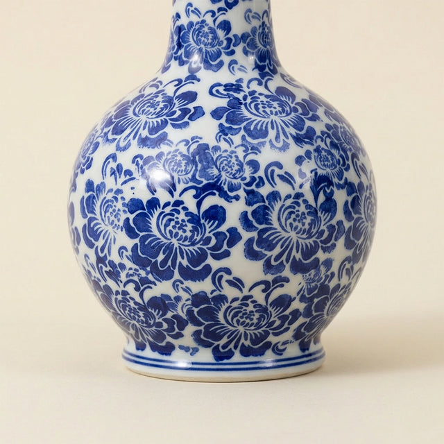 Blue and White Chinoiserie Vase — Ceramic Floral Long Neck Bottle Vase for Shelf, Sideboard & Traditional Home Décor