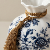 Blue and White Chinoiserie Vase Set of 3, Peony Ceramic Decorative Vases with Plate Stand and Gold Tassel for Home Decor