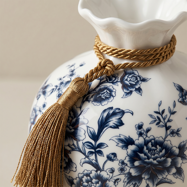 Blue and White Chinoiserie Vase Set of 3, Peony Ceramic Decorative Vases with Plate Stand and Gold Tassel for Home Decor
