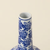 Blue and White Chinoiserie Vase — Ceramic Floral Long Neck Bottle Vase for Shelf, Sideboard & Traditional Home Décor
