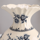 Chinoiserie Blue and White Ceramic Flower Vase, Round Crackle Glaze Vase with Peony Pattern Ruffled Rim