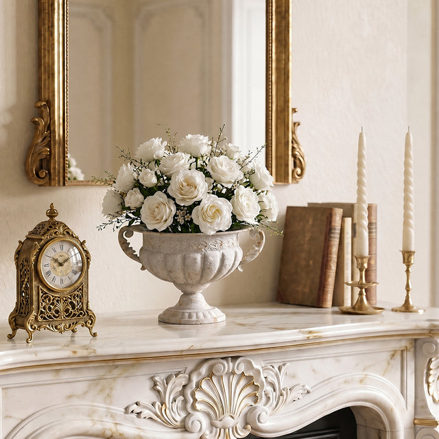 Vase on fireplace mantel
