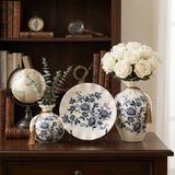 Blue and White Chinoiserie Vase Set of 3, Peony Ceramic Decorative Vases with Plate Stand and Gold Tassel for Home Decor