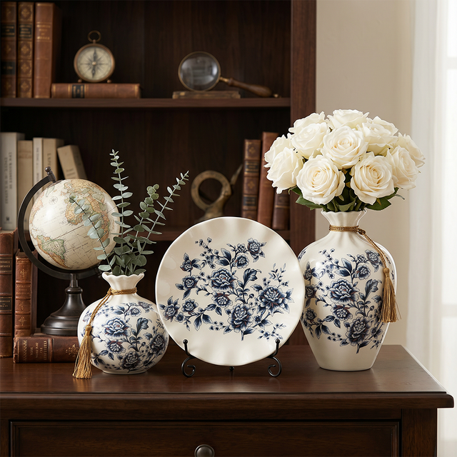 Blue and White Chinoiserie Vase Set of 3, Peony Ceramic Decorative Vases with Plate Stand and Gold Tassel for Home Decor