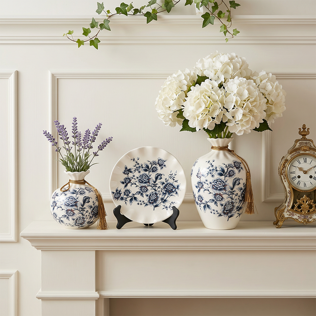 Blue and White Chinoiserie Vase Set of 3, Peony Ceramic Decorative Vases with Plate Stand and Gold Tassel for Home Decor