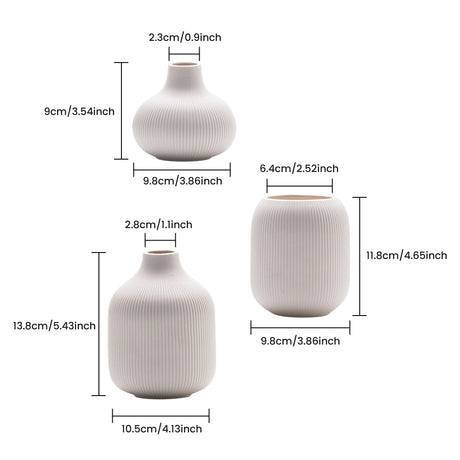 Set of 3 White Ceramic Ribbed Vases — Handcrafted Matte Bud Vase Set for Boho Farmhouse Home Décor