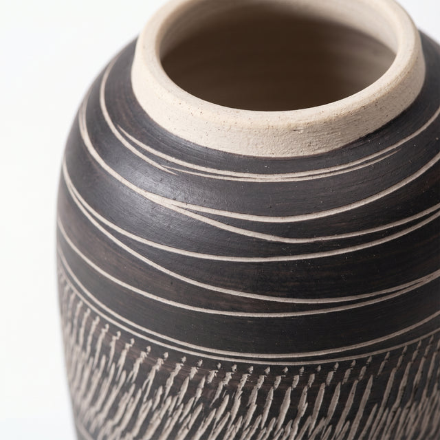 13.7" Modern Black Ceramic Vase, Hand-Carved Textured Stoneware Urn for Entryway, Living Room, Console Table