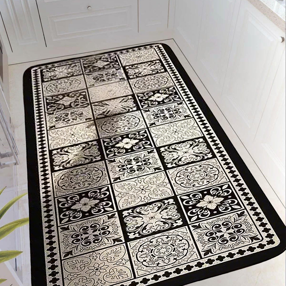 Vintage Black and White Diatom Mud Area Rug on the floor