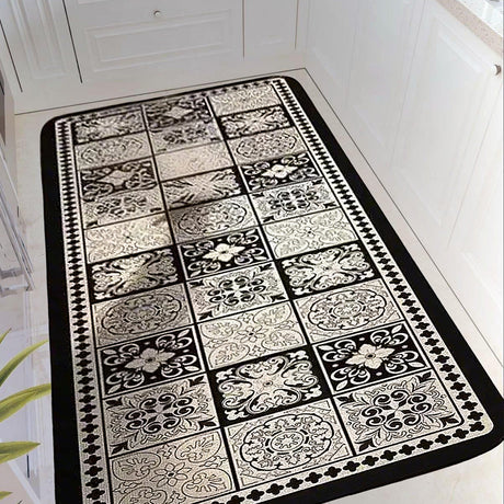 Vintage Black and White Diatom Mud Area Rug on the floor