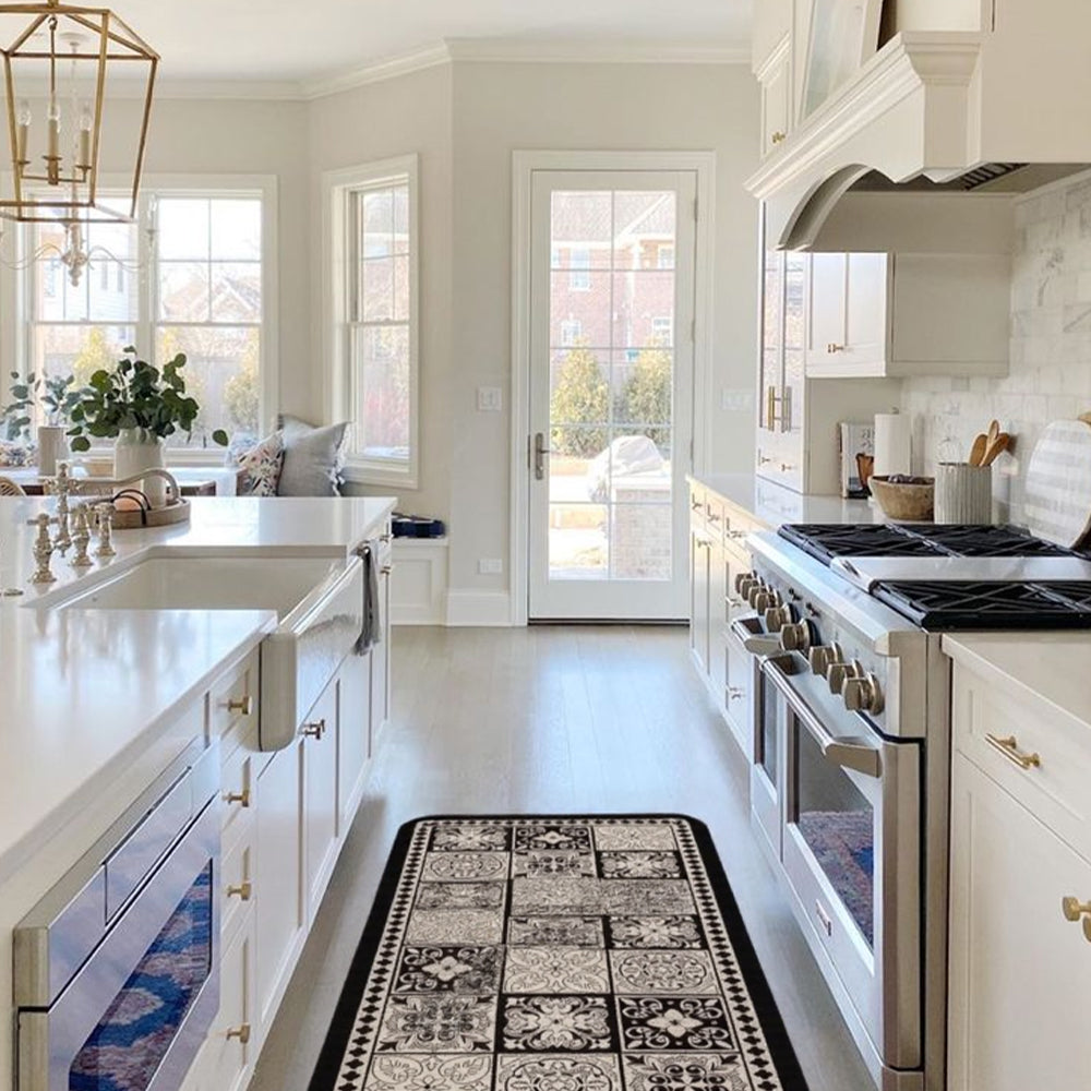 Vintage Black and White Diatom Mud Area Rug on the floor