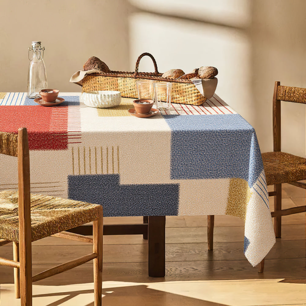 Vintage Leather Like Geometric Color Block Tablecloth Beneath The Bread Basket 090944