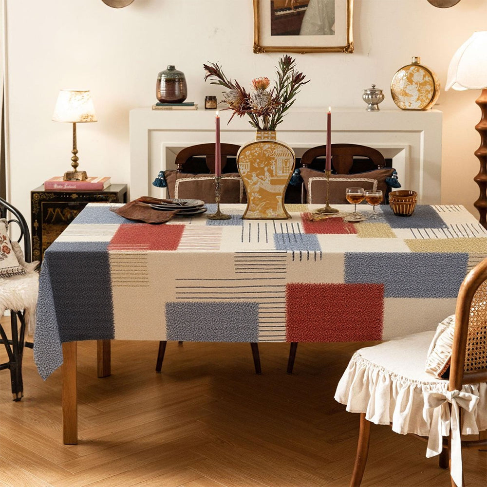 Vintage Leather Like Geometric Color Block Tablecloth Beneath The Candle 090944