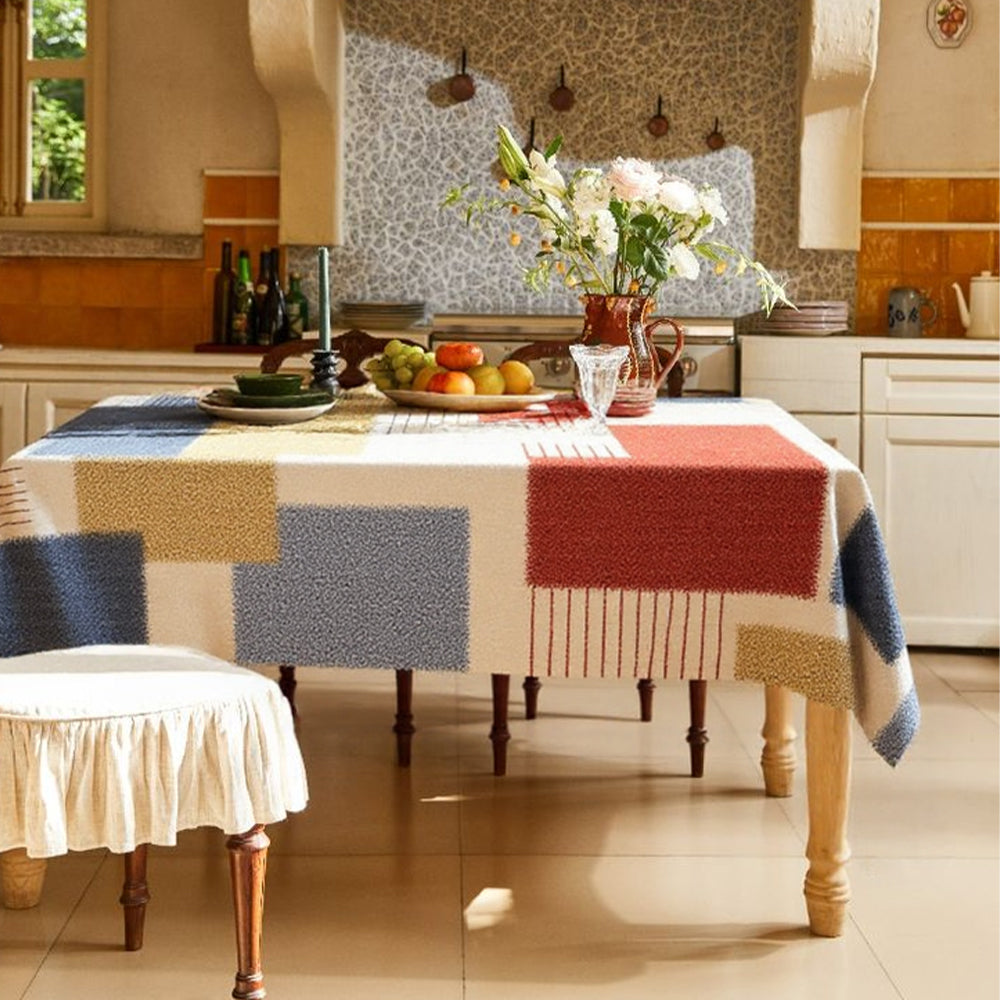 Vintage Leather Like Geometric Color Block Tablecloth Beneath The Fruit Plate 090944