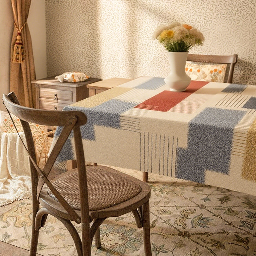 Vintage Leather Like Geometric Color Block Tablecloth Beneath The White Vase 090944