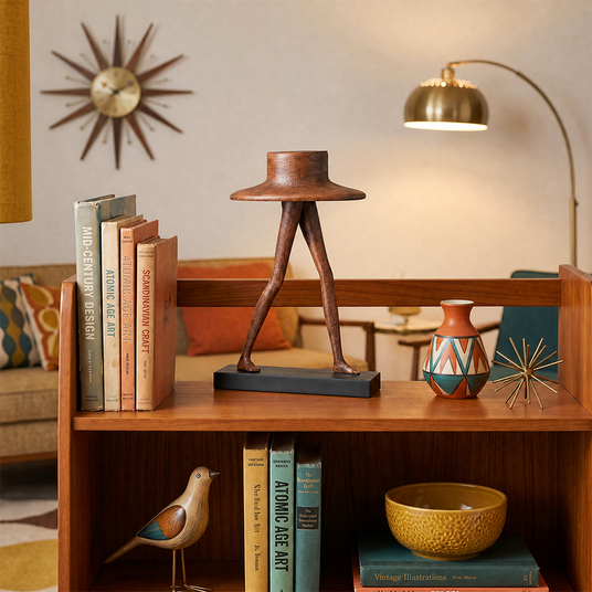 Walking character statue on open wood bookshelf