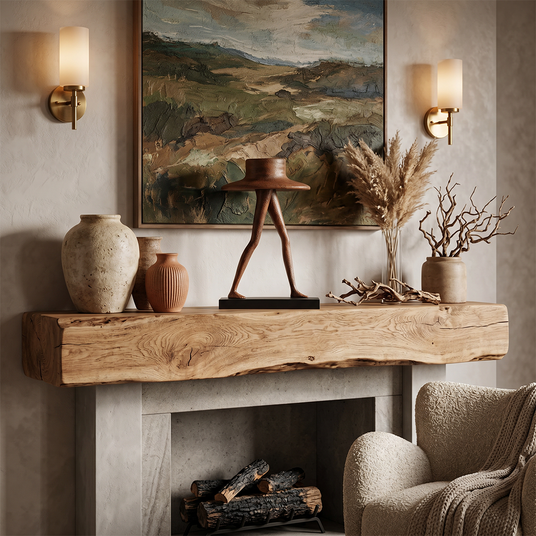 Walking hat figurine on rustic stone fireplace shelf