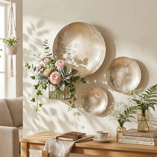 Decorative Glass Plate with Gold Foil Texture — Amber Pearl Finish, Concave Catchall Dish for Wall Art, Mantel & Shelf Display, Modern Organic Home Décor