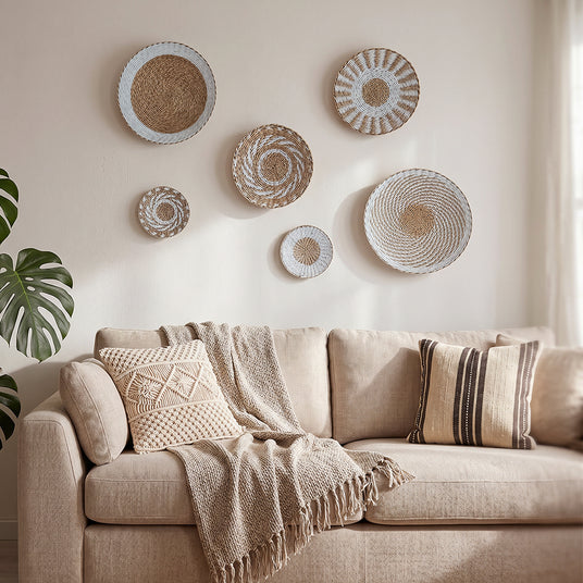 Wall plates in boho living room
