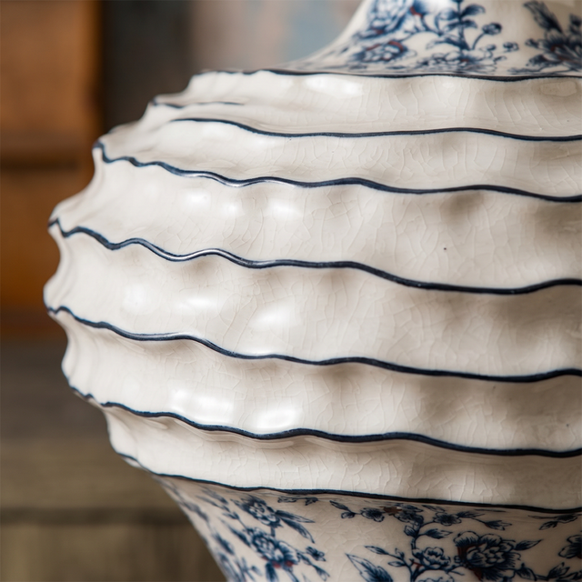 Blue and White Floral Ceramic Vase, Hand-Painted Textured Wabi-Sabi Decor for Dining Table, Console, Entryway