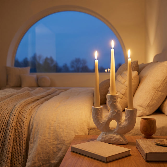 White Candle Holder On Wooden Shelf