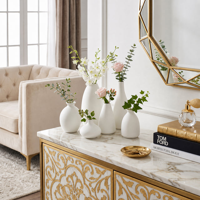 White Vases On Marble Console Table