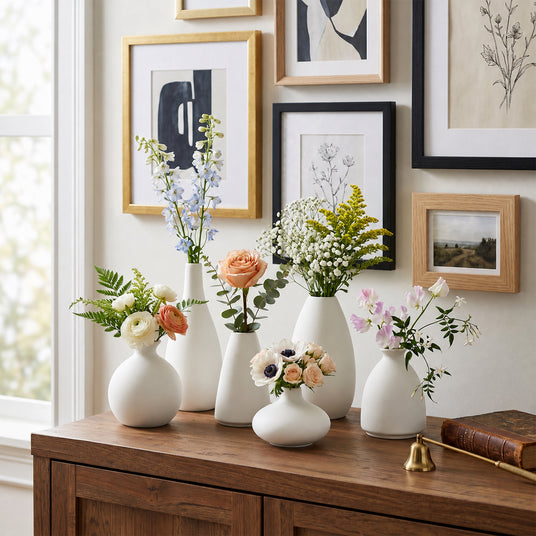 White Vases With Varied Floral Arrangements