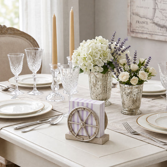 White Wagon Wheel Holder With Elegant Table