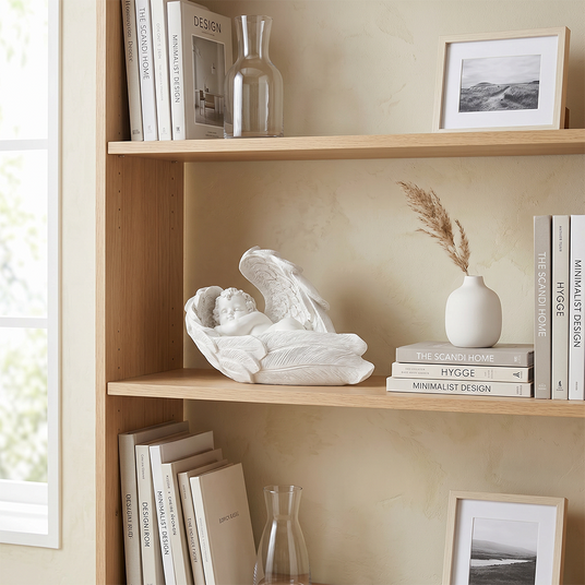 White cherub sculpture inside wood bookshelf