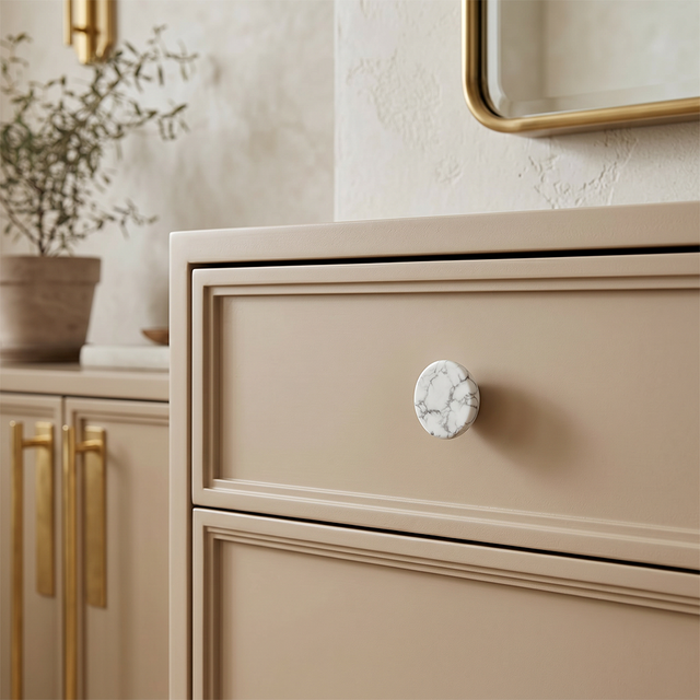 Natural Stone Cabinet Knobs Set of 2, Round Drawer Pulls for Kitchen Bathroom & Dresser, Dome Hardware with Brass-Threaded Insert