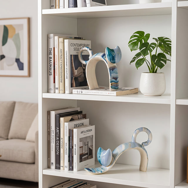 Hand-Painted Ceramic Cat Figurine, Abstract Blue & Ivory Drip-Glaze Sculpture, Modern Decorative Accent for Bookshelf, Console & Mantel