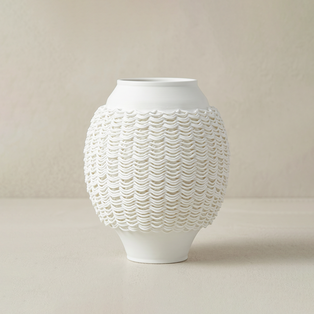 3D-Printed Kiln-Fired Ceramic Vase — Large Woven-Texture Flower Vase for Mantel, Shelf & Centerpiece Décor