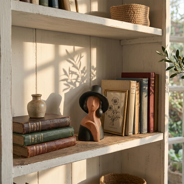 Wide hat woman figurine on white wall bookshelf