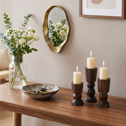 Wood Candle Holders On Console Table