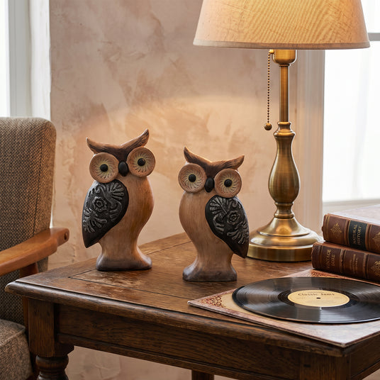 Wood Owl Set On Wooden Table