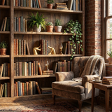 Wood bookshelf armchair cozy reading nook