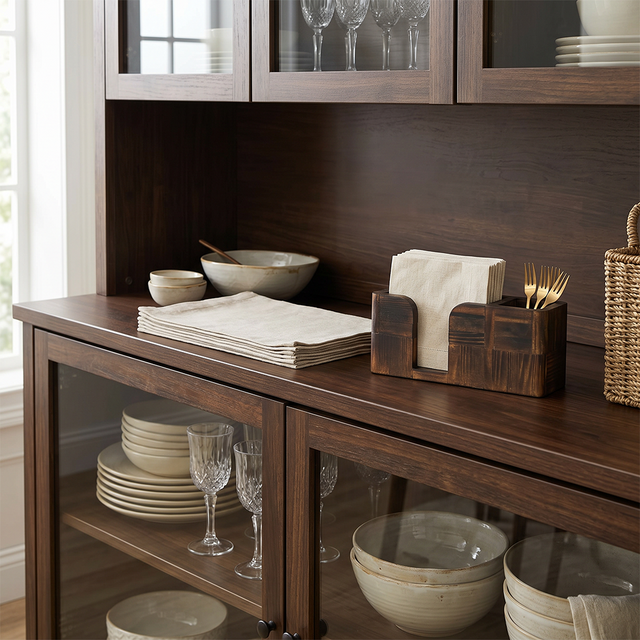 Wood caddy placed on kitchen sideboard
