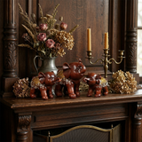Set of 3 Resin Elephant Figurines – Rosewood Finish, Gold & Silver Embossed Floral Saddles, Lucky Elephant Statues for Mantel Shelf Home Decor
