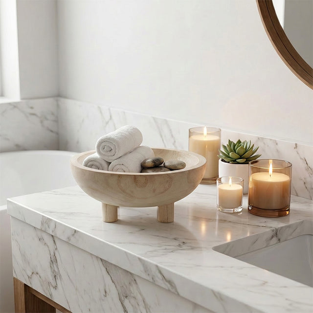Wooden Footed Bowl In Bathroom Setting