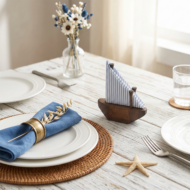 Wooden Sailboat Holder On Coastal Table