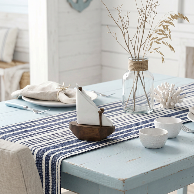 Wooden Sailboat Holder With Stripe Runner
