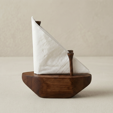 Wooden Sailboat Napkin Holder With White Napkins
